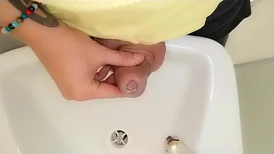 Peeing to the Sink with Uncut Cock