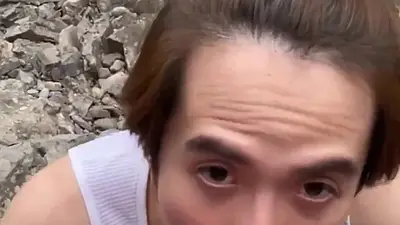 Asian Boy Takes Daddies Load Down by the River While Hiking