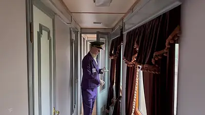 A lecherous train conductor served a passenger to the fullest - he received a powerful load of cum in his ass.