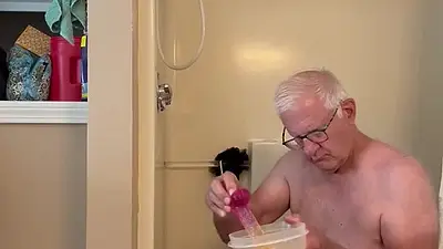 Dad loves his tasty piss covered dildo