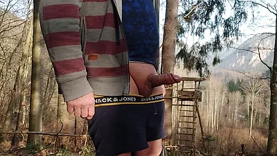 Dreamlike: I pee in the forest in the mountains and jerk off my thick cock with full balls.
